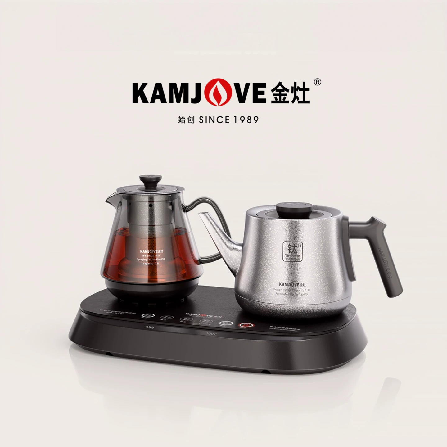 金灶AI-96御钛茶艺炉核心卖点图，纯钛内胆、双壶分区、全自动上水、恒温保温功能介绍