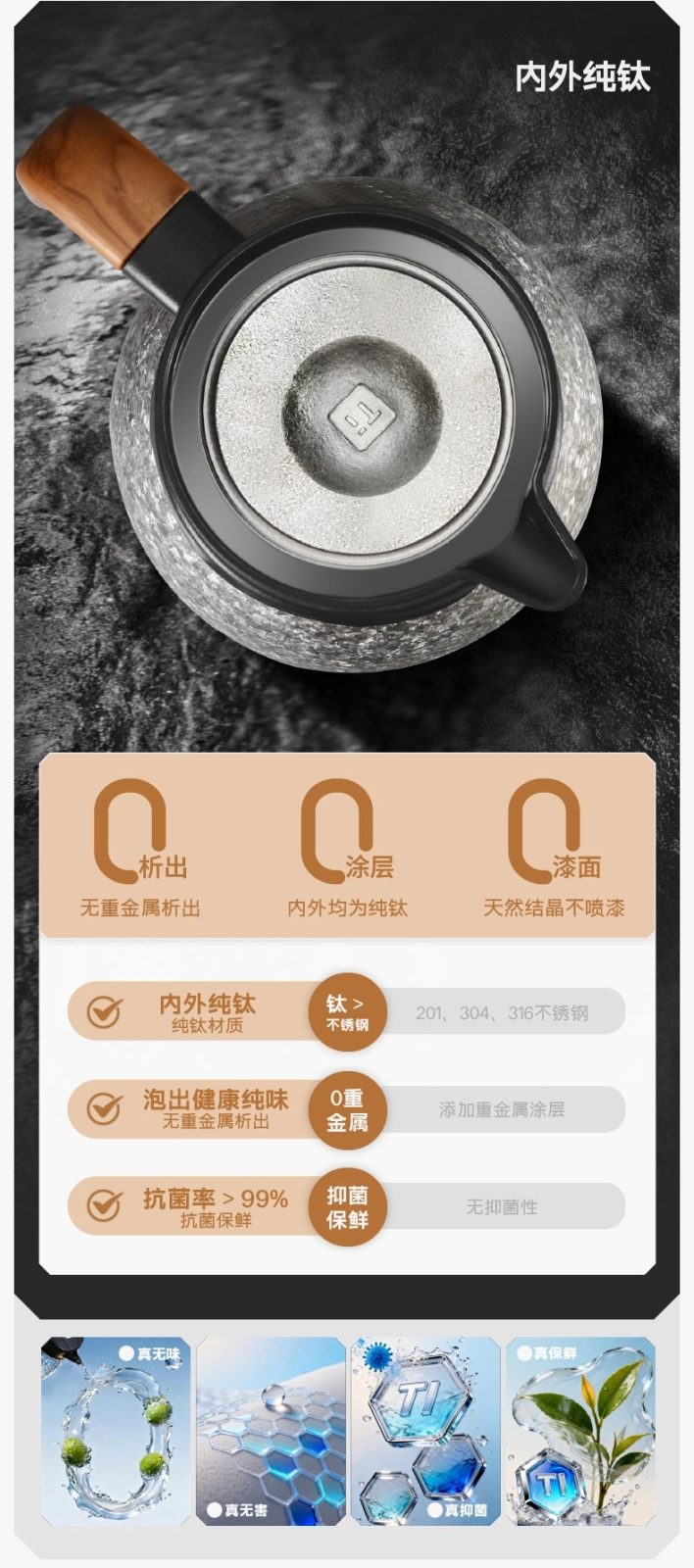 内外通体纯钛无涂层 零重金属析出天然抑菌