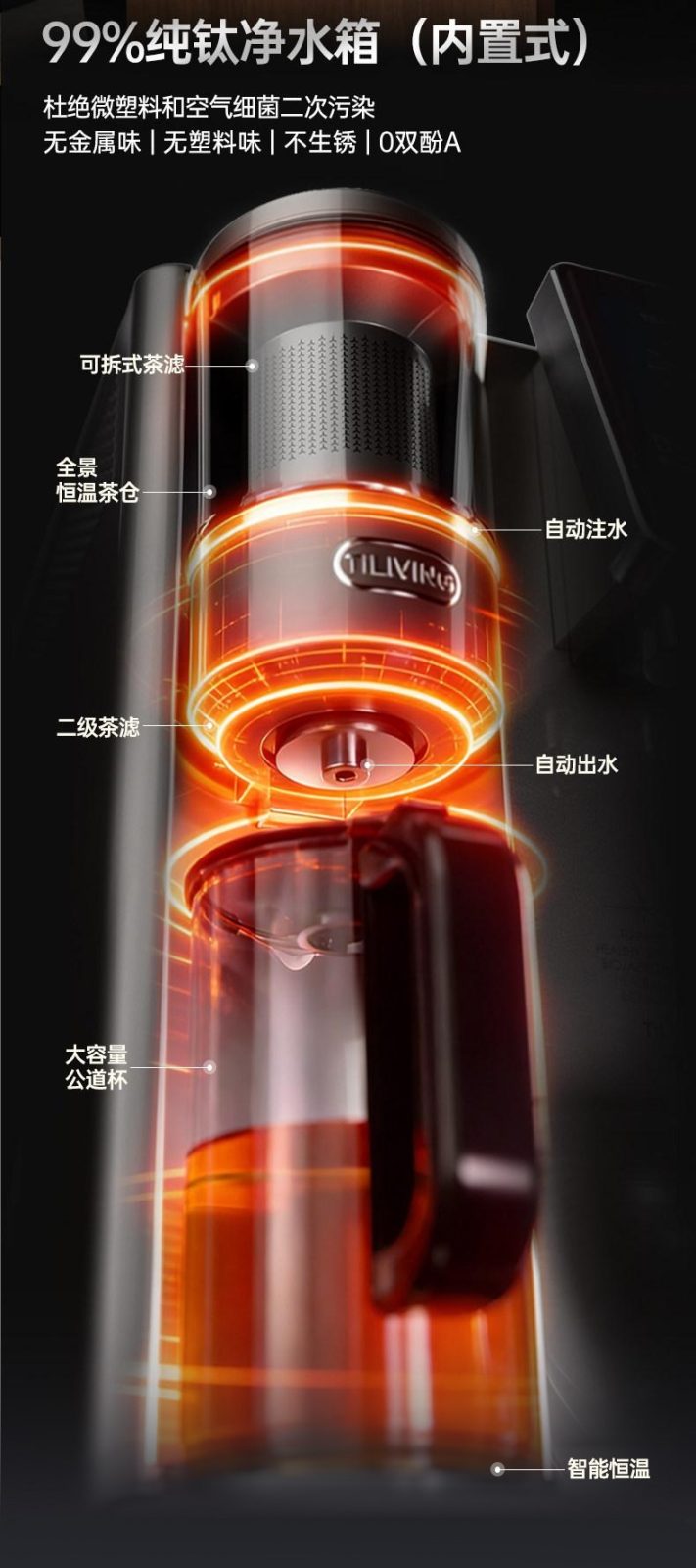 恒温茶仓 可拆茶滤 自动注水功能