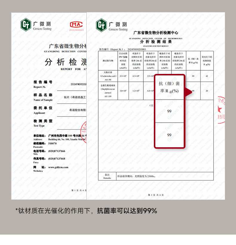 广微测抗菌检测报告 纯钛材质抗菌率达99%